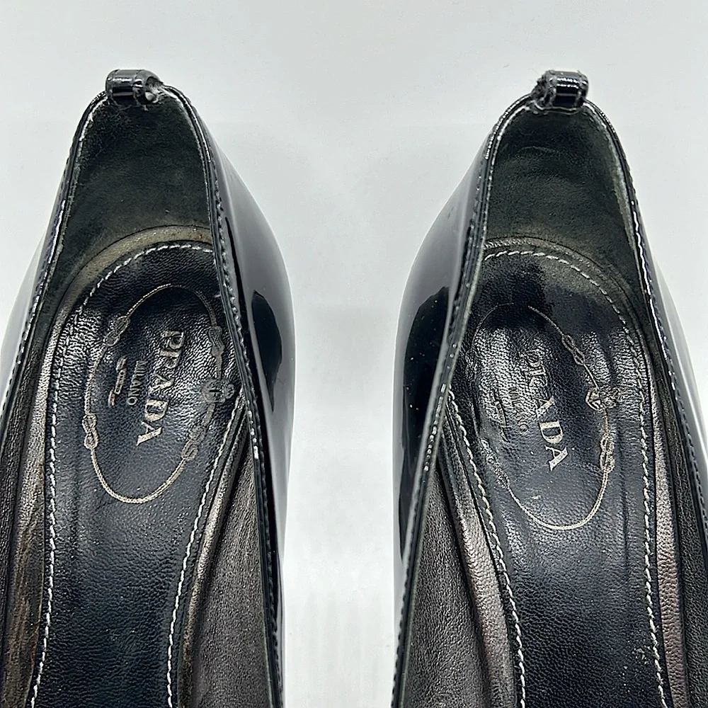 Prada Authenticated Black Patent Leather Stiletto Heel Shoes **Sz 38/US Size 8** - Picture 4 of 14